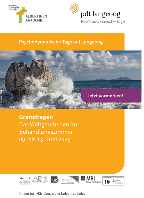 Plakat Psychodynamische Tage Langeoog 2025, Schwerpunktthema Grenzfragen – Das Weltgeschehen im Behandlungszimmer, Albertinen Akademie, Hamburg