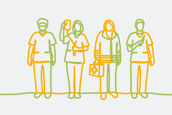 Darstellung von vier nebeneinander stehenden, in Krankenhäusern und Pflegeheimen tätigen Menschen als vereinfachte Illustration, Albertinen Akademie, Fortbildungen, Weiterbildungen, Gesundheitswesen, Hamburg Darstellung von vier nebeneinander stehenden, in Krankenhäusern und Pflegeheimen tätigen Menschen als vereinfachte Illustration