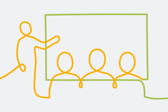 Vereinfachte Illustration einer Person bei einem Vortrag an einer Tafel mit mehreren Zuschauern, Albertinen Akademie, Fortbildungen, Weiterbildungen, Gesundheitswesen, Hamburg Vereinfachte Illustration einer Person bei einem Vortrag an einer Tafel mit mehreren Zuschauern