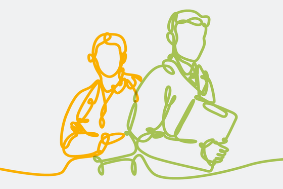 Vereinfachte Illustration einer Ärztin mit Stethoskop und eines Arztes mit Arztmappe, Albertinen Akademie, Fortbildungen, Weiterbildungen, Gesundheitswesen, Hamburg Vereinfachte Illustration einer Ärztin mit Stethoskop und eines Arztes mit Arztmappe