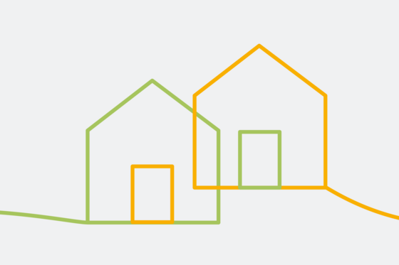 Illustration von zwei Häusern mit Satteldächern als orange-grüne Bändergrafik