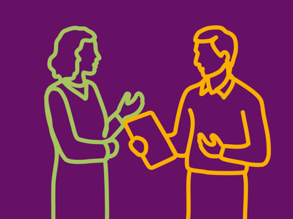 Illustration von zwei sich unterhaltenden Menschen als orange-grüne Bändergrafik auf lila Grund für die Weiterbildung zum Qualitätsbeauftragten der Albertinen Akademie in Hamburg.