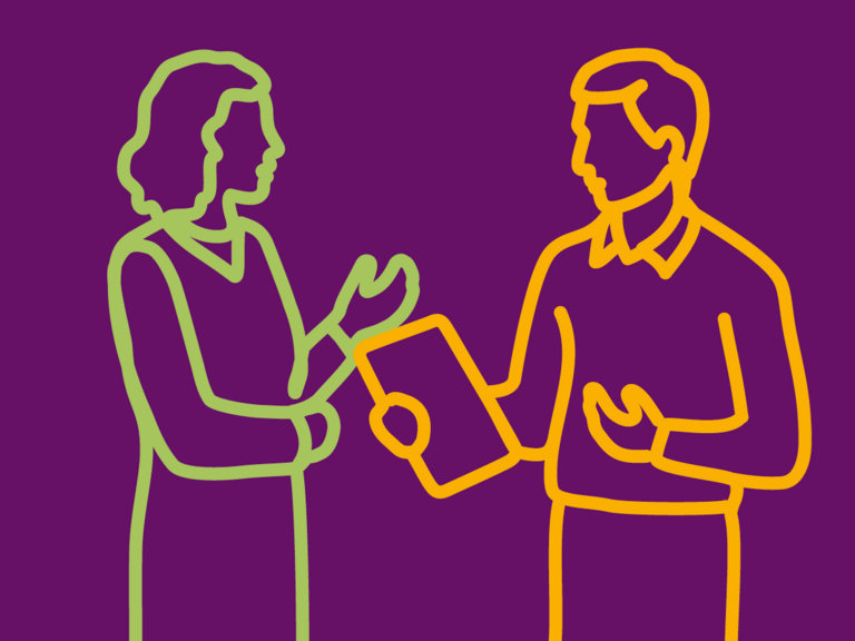 Eine Illustration von zwei nebeneinander stehenden Personen im Gespräch als orange-grüne Bändergrafik auf einem lilafarbigen Hintergrund.